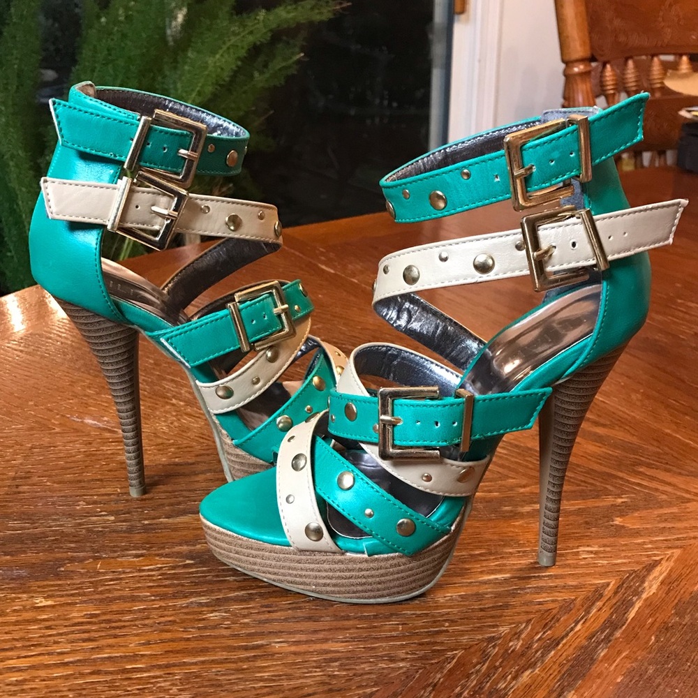 Gorgeous Tan, Teal & Gold Studded Double Ankle Strap High Heels! - Picture 7 of 16